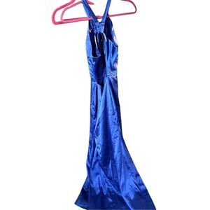 Royal Blue Satin Formal Gown – Halter Backless Prom Dress, Floor Length (Unbrand